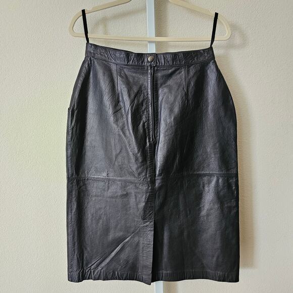 VTG SILVERLEAF Black Leather Pocket Snap Button Zipper Pencil Midi Skirt Sz 12 - Picture 2 of 16